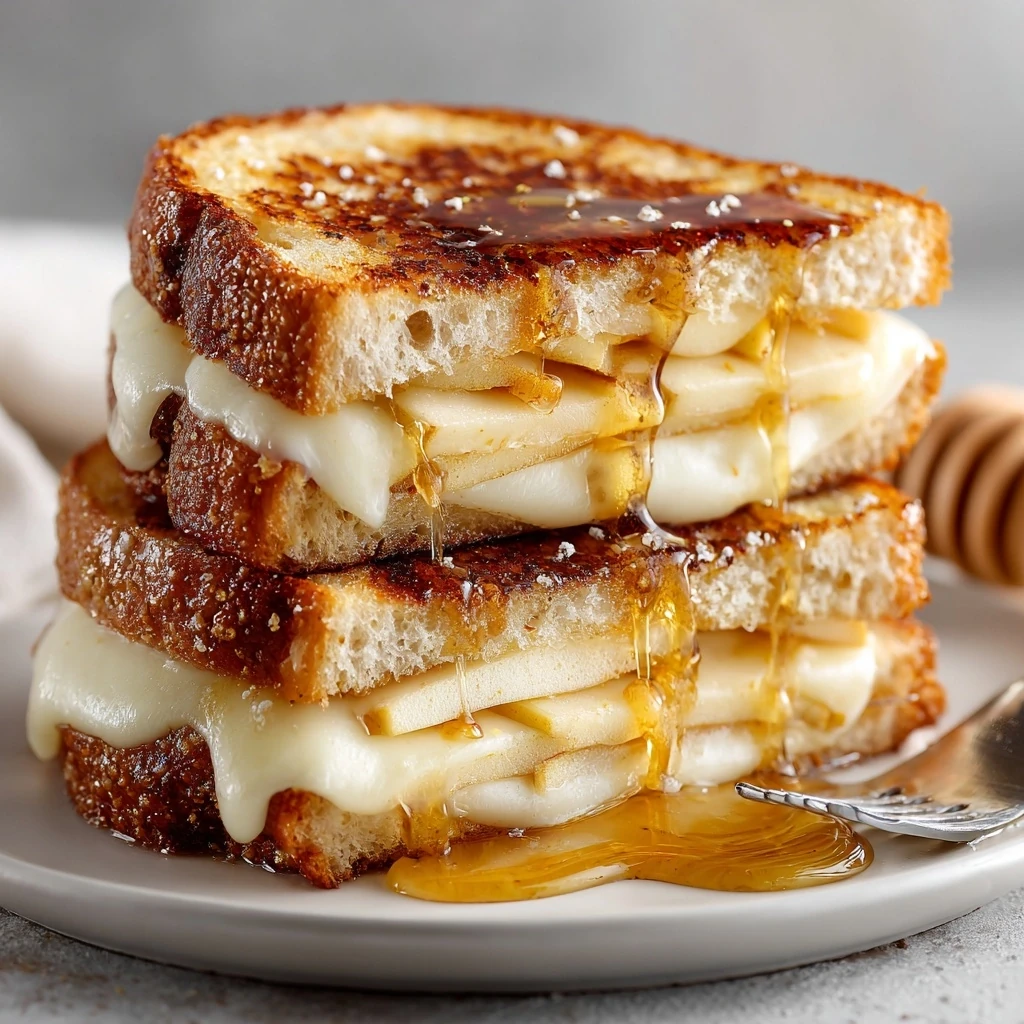 Golden-brown smoked gouda apple grilled cheese sandwich served hot on rustic ciabatta slices.