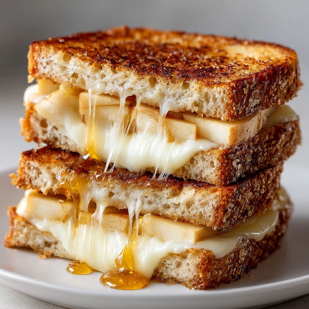 Close-up of smoked gouda apple grilled cheese, honey-drizzled and perfect for a cozy lunch.