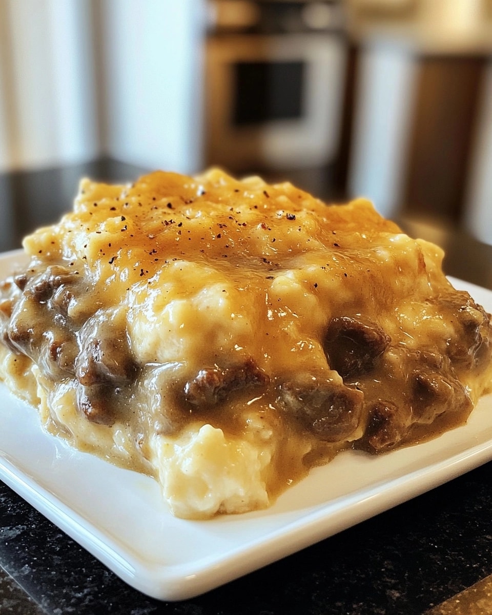 Hearty One Pot Cheeseburger Macaroni with melted cheddar, tender beef, and garnished pickles.