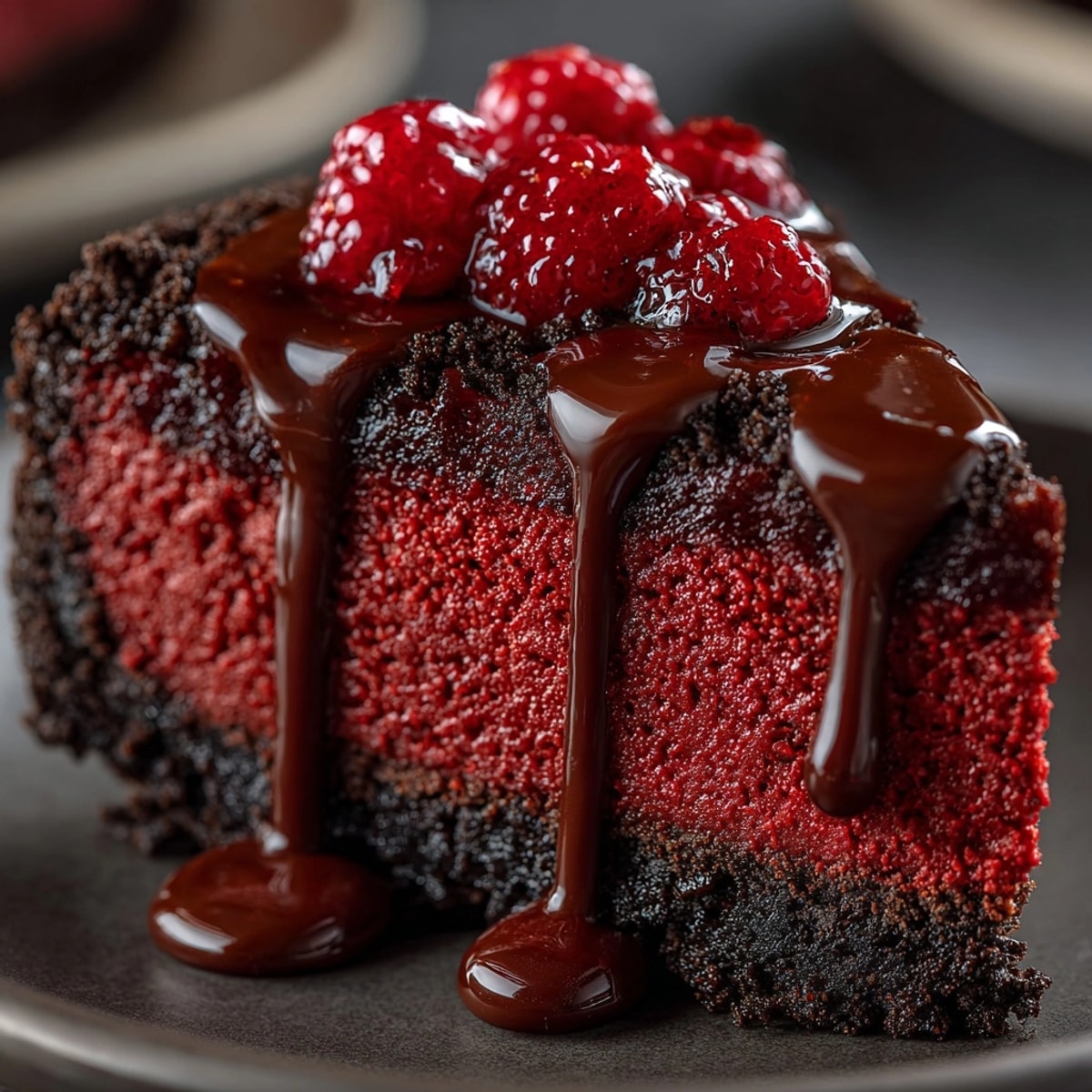 Rich, baked cheesecake sliced on a dessert plate with a drizzle of raspberry sauce