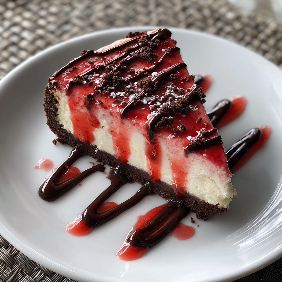 New York-style cheesecake with smooth, rich filling showcased on a white ceramic plate
